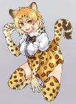  1girl :d absurdres animal_ears arm_support black_neckwear blonde_hair boots bow bowtie breast_pocket breasts chamyi commentary_request eyebrows_visible_through_hair frilled_shirt frills full_body fur_collar gao gloves gradient_hair hand_up heart high-waist_skirt highres jaguar_(kemono_friends) jaguar_ears jaguar_print jaguar_tail kemono_friends knee_boots looking_at_viewer multicolored_hair onomatopoeia open_mouth outstretched_arm platinum_blonde pocket print_gloves print_legwear print_neckwear print_skirt shirt short_hair short_sleeves skindentation skirt smile solo tail thigh-highs two-tone_hair white_footwear white_pupils white_shirt yellow_eyes zettai_ryouiki 