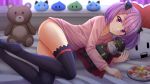  black_legwear blurry blurry_background blush commission depth_of_field dust_particles eyebrows_visible_through_hair fate/grand_order fate_(series) helena_blavatsky_(fate/grand_order) highres kazenokaze looking_at_viewer lying on_side purple_hair short_hair short_twintails smile stuffed_animal stuffed_toy teddy_bear thigh-highs twintails violet_eyes 