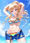  1girl bangs bare_shoulders bikini blonde_hair blue_eyes blush breasts cleavage collarbone highres idolmaster idolmaster_cinderella_girls large_breasts long_hair looking_at_viewer navel ootsuki_yui open_mouth ponytail short_shorts shorts smile solo striped striped_bikini swimsuit takeashiro wavy_hair 