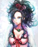  1girl black_hair blue_eyes breasts cleavage deborah dragon_quest dragon_quest_v eyelashes feather_boa flower gem gotou_(goto_sep) hair_flower hair_ornament jewelry large_breasts long_hair looking_at_viewer mole mole_under_eye necklace open_mouth red_flower red_ribbon red_rose ribbon ringed_eyes rose sidelocks solo upper_body 