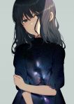  1girl achiki blouse brown_eyes brown_hair grey_background hand_on_own_arm looking_at_viewer medium_hair original simple_background sky solo space_print star_(sky) starry_sky starry_sky_print 