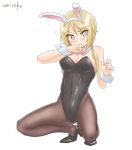  1girl animal_ears black_leotard blonde_hair blush bow bowtie brown_legwear bunny_girl bunny_tail bunnysuit detached_collar flying_sweatdrops full_body ichii_yui leotard looking_at_viewer low_twintails pantyhose pink_neckwear rabbit_ears simple_background solo squatting strapless strapless_leotard tail twintails umiroku white_background wiping_face wrist_cuffs yellow_eyes yuyushiki 