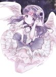  1girl absurdres angel_wings animal_ears bare_shoulders flat_chest frills full_body hairband highres jumping lolita_fashion lolita_hairband long_hair looking_at_viewer night night_sky odaefnyo original purple_hair sky star unicorn violet_eyes wings 