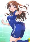  1girl 2018_fifa_world_cup :d adidas ass bangs blush brown_eyes brown_hair clothes_writing commentary_request eyebrows_visible_through_hair from_behind half_updo highres idolmaster idolmaster_cinderella_girls inoue_sora japan japanese_flag long_hair looking_at_viewer looking_back open_mouth shimamura_uzuki short_sleeves shorts signature simple_background smile soccer soccer_uniform solo sportswear v world_cup 