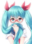  1girl bangs blue_eyes blue_hair blush bow eyebrows_visible_through_hair glasses hair_between_eyes hair_bow hair_over_mouth hatsune_miku highres holding holding_hair long_hair mk82_(hoonsyh) neckerchief red-framed_eyewear red_bow red_neckwear shirt short_sleeves solo twintails upper_body very_long_hair vocaloid white_shirt 