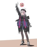  &gt;_&lt; 1girl antennae bangs beret black_gloves black_hat black_jacket black_legwear black_skirt cellphone desert_tech_mdr dot_nose eyebrows_visible_through_hair flip_phone girls_frontline gloves graphite_(medium) grey_gloves grey_hair gun hat highres jacket long_hair long_sleeves mdr_(girls_frontline) mechanical_pencil multicolored_hair one_side_up open_mouth pantyhose pencil phone phone_screen pink_hair selby side_ponytail sidelocks signal_bar skirt solo strap streaked_hair sweatdrop tactical_clothes thigh_pouch tiptoes traditional_media trembling upper_teeth weapon 