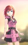  1girl 2018 asymmetrical_clothes bangs bare_shoulders belt belt_buckle black_belt blue_eyes blurry blurry_background bracelet breasts buckle buttons cowboy_shot dated depth_of_field dress eyebrows_visible_through_hair gogo_(detteiu_de) highres hood hood_down jewelry kairi_(kingdom_hearts) kingdom_hearts kingdom_hearts_iii legs_apart looking_at_viewer necklace open_mouth pink_dress pleated_dress redhead short_dress short_hair signature skirt sleeveless sleeveless_dress smile solo undershirt unzipped upper_body wristband zipper zipper_pull_tab 