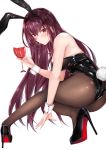  1girl absurdres alcohol animal_ears ass bangs bare_shoulders black_leotard blush breasts bunny_tail bunnysuit closed_mouth coffeedog cup drinking_glass eyebrows_visible_through_hair fate/grand_order fate_(series) fishnet_pantyhose fishnets hair_between_eyes high_heels highres large_breasts leotard long_hair looking_at_viewer pantyhose purple_hair rabbit_ears red_eyes scathach_(fate/grand_order) simple_background smile solo squatting strapless strapless_leotard tail thighs white_background wine wine_glass wrist_cuffs 