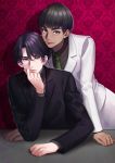 2boys bangs black_hair black_suit blue_eyes elbows_on_table formal green_neckwear grey_eyes indoors kurakichi36 leaning_forward lee_seung-gil male_focus multiple_boys necktie parted_bangs phichit_chulanont shadow sitting suit table thick_eyebrows wallpaper_(object) white_suit yuri!!!_on_ice 