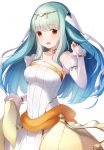  1girl :d bangs blue_hair blunt_bangs breasts choker cleavage collarbone detached_sleeves dress eyebrows_visible_through_hair fire_emblem fire_emblem:_rekka_no_ken fire_emblem_heroes floating_hair long_hair medium_breasts ninian open_mouth red_eyes ringozaka_mariko sideboob simple_background sleeveless sleeveless_dress smile solo standing striped striped_dress white_background white_dress 