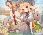  1girl animal_ears bangs blonde_hair bonnet brown_eyes cane dress frills grass hairband lolita_fashion lolita_hairband oncha original sheep short_hair sitting wavy_hair 