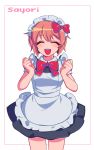  1girl :d ^_^ alternate_costume border bow bowtie brown_hair character_name clenched_hands closed_eyes cowboy_shot doki_doki_literature_club enmaided facing_viewer hair_bow hands_up maid maid_headdress open_mouth red_bow red_neckwear sasakama_(sasagaki01) sayori_(doki_doki_literature_club) short_hair short_sleeves simple_background smile solo white_background 