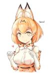  1girl 3ma_saga :3 animal_ears bare_shoulders belt blonde_hair blush bow bowtie character_name commentary_request elbow_gloves fang gloves heart high-waist_skirt kemono_friends korean_commentary multicolored_hair paw_pose serval_(kemono_friends) serval_ears serval_print short_hair skirt sleeveless solo upper_body yellow_eyes 