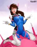  1girl acronym animal_print bangs blue_bodysuit bodysuit breasts brown_eyes brown_hair bunny_print clothes_writing d.va_(overwatch) double_v facepaint facial_mark full_body headphones high_collar highres kzard81 long_hair looking_at_viewer mecha medium_breasts meka_(overwatch) nose one_eye_closed open_mouth overwatch patreon_username pilot_suit pink_lips purple_background ribbed_bodysuit shoulder_pads sitting sitting_on_object skin_tight solo swept_bangs tongue tongue_out upper_teeth v wariza whisker_markings white_background 