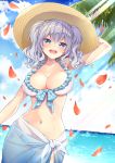  1girl bangs bare_shoulders beach bikini blue_eyes blue_sky blush breasts cleavage collarbone frills front-tie_bikini front-tie_top hair_between_eyes hakui_ami hat highres hips kantai_collection kashima_(kantai_collection) light_rays long_hair looking_at_viewer navel ocean open_mouth outdoors palm_tree petals sarong silver_hair sky smile solo sun_hat sunlight swimsuit tree twintails waist white_bikini 