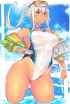  1girl bangs blue_eyes blush competition_swimsuit covered_navel cowboy_shot day eyewear_on_head jacket long_hair looking_at_viewer off_shoulder one-piece_swimsuit original panzer parted_lips ponytail sky solo swimsuit tan tanline timer water white_hair 