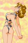  1girl arched_back ass bondage_outfit brown_eyes brown_hair cowboy_shot hands_together harness looking_at_viewer looking_back short_hair solo sonoda_ken&#039;ichi thigh_gap v_arms 