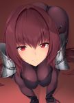  1girl all_fours ass bodysuit breasts cleavage commentary_request eyebrows_visible_through_hair fate/grand_order fate_(series) hair_intakes hanging_breasts highres hinacalibur large_breasts light_blush long_hair looking_at_viewer purple_bodysuit purple_hair red_eyes scathach_(fate/grand_order) shoulder_armor smile solo very_long_hair 