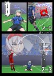  2018_fifa_world_cup 2girls alternate_costume azur_lane ball basketball basketball_hoop basketball_uniform belfast_(azur_lane) comic commentary_request enemy_lifebuoy_(kantai_collection) goal goalkeeper green_hair hair_ornament hairclip highres jumping kantai_collection long_hair misumi_(niku-kyu) multiple_girls outdoors shorts silver_hair soccer soccer_ball soccer_field soccer_uniform sportswear suzuya_(kantai_collection) translated twitter_username violet_eyes world_cup 