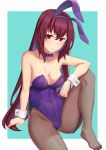  1girl animal_ears blush bow bowtie breasts bunnysuit collarbone covered_navel detached_collar fate/grand_order fate_(series) flower large_breasts leotard long_hair looking_at_viewer mo_shi one_leg_raised pantyhose playboy_bunny_leotard purple_flower purple_hair purple_rose rabbit_ears red_eyes rose scathach_(fate/grand_order) seamed_legwear solo strapless strapless_leotard toes two-tone_background wrist_cuffs 