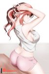  1girl adjusting_hair alfred_cullado arms_behind_head arms_up ass bare_shoulders blush breasts brown_hair butt_crack erect_nipples from_behind hands_in_hair highres jewelry large_breasts lips long_hair looking_at_viewer looking_back multicolored_hair necklace neo_(rwby) parted_lips pink_eyes pink_hair rwby shiny shiny_hair shiny_skin shorts sitting sleeveless solo tank_top two-tone_hair white_hair 