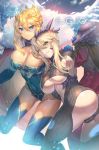  2girls aguy armpits artoria_pendragon_(all) artoria_pendragon_(lancer) artoria_pendragon_(lancer_alter) blonde_hair blue_eyes blue_legwear blush braid breasts cape cleavage cleavage_cutout clouds cloudy_sky crown dark_persona eyebrows_visible_through_hair fate/grand_order fate_(series) french_braid fur-trimmed_cape fur_trim grin hair_between_eyes hand_on_another&#039;s_shoulder large_breasts leotard multiple_girls navel red_cape sidelocks sky smile stomach under_boob yellow_eyes 