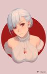  1girl girls_frontline head_tilt highres looking_at_viewer red_eyes red_star rmb-93_(girls_frontline) short_hair sleeveless smile sweater upper_body white_hair white_sweater xu_ni 