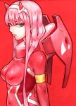  1girl aqua_eyes bodysuit breasts darling_in_the_franxx highres long_hair looking_at_viewer pink_hair plugsuit red_background skin_tight solo tongue tongue_out tuskryo upper_body zero_two_(darling_in_the_franxx) 