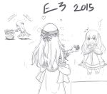  ! 2015 2girls chibi chibi_inset drawfag electronic_entertainment_expo gloves greyscale hair_ornament hologram long_hair monochrome multiple_girls neptune_(series) parody pushcart shaking simple_background surprised tagme trembling vert vert&#039;s_sister white_background 