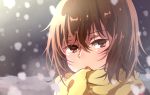  1girl :o bangs blush boku_dake_ga_inai_machi brown_eyes brown_hair hair_between_eyes hinazuki_kayo mirei_kh13 open_mouth scarf short_hair snow snowing solo upper_body yellow_scarf 