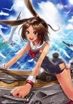  1girl animal_ears azur_lane bangs bare_shoulders bird breasts brown_hair bunny_tail bunnysuit clouds cloudy_sky feathers highres i-26_(azur_lane) looking_at_viewer neko61 ocean one-piece_swimsuit open_mouth parted_bangs rabbit_ears red_eyes riding sailor_collar seagull ship short_hair sky sleeveless small_breasts solo sparkle sun swimsuit tail watercraft 