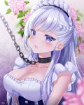  1girl artist_name azur_lane belfast_(azur_lane) blue_eyes blush braid breasts chains cleavage collar collarbone dress floral_background flower large_breasts long_hair looking_at_viewer maid maid_headdress naomi_(fantasia) open_mouth signature silver_hair sleeveless solo tareme upper_body 