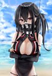  1girl absurdres arm_strap azur_lane bangs bare_shoulders beach black_gloves black_hair black_legwear black_panties blue_sky blush breasts cleavage cleavage_cutout clouds covered_mouth cross cross_earrings crossed_arms crossed_bangs earrings elbow_gloves eyebrows_visible_through_hair eyes_visible_through_hair front_zipper_swimsuit gloves hair_between_eyes hair_ornament head_tilt headgear heart heart-shaped_pupils highres iron_cross jewelry large_breasts long_hair looking_at_viewer meme_attire multicolored_hair no_bra ocean one-piece_swimsuit one_side_up panties red_eyes ru_zhai sand scarf sidelocks skindentation sky solo streaked_hair swimsuit symbol-shaped_pupils thigh-highs thighs u-47_(azur_lane) underwear unzipped white_hair 