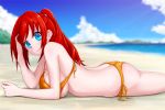  1girl ass back beach bikini blue_eyes breasts fmg large_breasts long_hair ocean original ponytail redhead smile swimsuit 