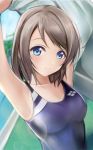  1girl blue_eyes blush breasts collarbone grey_hair looking_at_viewer love_live! love_live!_sunshine!! medium_breasts nannacy7 one-piece_swimsuit poolside short_hair smile solo swimsuit watanabe_you 