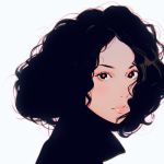  1girl black_eyes black_hair chromatic_aberration close-up closed_mouth curly_hair face highres ilya_kuvshinov lips looking_at_viewer original portrait short_hair solo white_background 