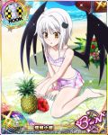  1girl :o barefoot beach bikini blush card_(medium) cat_hair_ornament character_name chess_piece day demon_wings erect_nipples flat_chest flower food fruit hair_ornament hibiscus high_school_dxd high_school_dxd_born midriff ocean official_art open_mouth pineapple rook_(chess) short_hair silver_hair sitting solo swimsuit toujou_koneko trading_card water wings yellow_eyes 