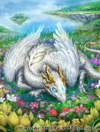  blue_sky closed_eyes clouds cloudy_sky commentary_request dragon floating_island flower grass highres monster no_humans official_art outdoors red_flower seisen_cerberus sky sleeping watermark z.dk 