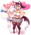  2girls :3 :d animal_band_legwear animal_ears arm_up artist_name bare_shoulders bell bell_collar black_hair black_legwear blue_eyes blue_lipstick blue_nails breasts cat_band_legwear cat_ears cat_tail choker collar collarbone eyebrows_visible_through_hair eyes_visible_through_hair full_body hand_on_another&#039;s_waist heart heterochromia highres index_finger_raised jingle_bell kat_(mazume) kit_(mazume) large_breasts lipstick makeup mazume midriff multicolored_hair multiple_girls nail_polish navel no_shoes open_mouth orange_eyes original short_shorts shorts signature simple_background skirt small_breasts smile sparkle symbol_commentary tail thigh-highs two-tone_hair white_background white_choker white_hair white_legwear 