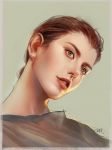  1girl artist_name blush brown_hair commentary earrings green_background grey_eyes head_tilt jewelry looking_away parted_lips peter_xiao short_hair solo 