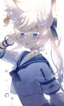  1girl animal_ears bangs blue_eyes bubble glasses kumashige looking_at_viewer navel open_mouth original sailor_collar school_uniform twintails underwater upper_body water white_hair 