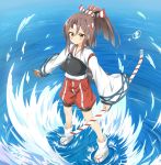  &gt;:) 1girl afloat bow_(weapon) brown_eyes brown_hair from_above full_body hachimaki hakama headband holding japanese_clothes kantai_collection looking_at_viewer looking_up machinery muneate nedia_(nedia_region) ocean ponytail smile solo v-shaped_eyebrows weapon zuihou_(kantai_collection) 