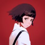 1girl bespectacled brown_eyes brown_hair closed_mouth commentary glasses ilya_kuvshinov looking_at_viewer looking_to_the_side original red_background shirt simple_background solo upper_body white_shirt 
