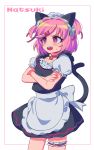  1girl alternate_costume animal_ears annoyed apron bell bell_choker blush border cat_ears cat_tail character_name choker cowboy_shot crossed_arms doki_doki_literature_club enmaided eyebrows_visible_through_hair eyes_visible_through_hair fang garters hair_ornament hair_ribbon hairclip jingle_bell looking_away maid maid_headdress natsuki_(doki_doki_literature_club) open_mouth pink_eyes pink_hair puffy_short_sleeves puffy_sleeves red_ribbon ribbon sasakama_(sasagaki01) short_hair short_sleeves simple_background solo tail two_side_up v-shaped_eyebrows waist_apron white_background 