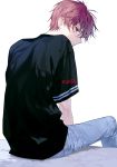  1boy americano_beans americano_exodus black_shirt casual denim earrings from_behind jeans jewelry light_frown looking_at_viewer looking_back male_focus pants redhead shirt short_sleeves sitting solo sukja t-shirt violet_eyes white_background 