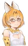  1girl :3 absurdres animal_ears bare_shoulders blonde_hair blush bow bowtie breasts cleavage_cutout commentary_request elbow_gloves extra_ears eyebrows_visible_through_hair glasses gloves highres kemono_friends looking_at_viewer medium_breasts print_gloves print_neckwear rin_(ashleyy) serval_(kemono_friends) serval_ears shirt short_hair simple_background sleeveless sleeveless_shirt slit_pupils solo yellow_eyes 