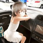  1girl bag bare_shoulders blush brown_eyes brown_hair car car_interior closed_mouth dress eyebrows_visible_through_hair flat_chest from_behind ground_vehicle hatoba_tsugu hatoba_tsugu_(character) highres looking_at_viewer looking_back mayafufu mole mole_under_eye motor_vehicle short_hair shoulder_blades sitting sleeveless sleeveless_dress smile solo virtual_youtuber white_dress 