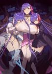  3girls bb_(fate/extra_ccc) black_legwear black_skirt blush breast_grab breasts cleavage fate/extra fate/extra_ccc fate/grand_order fate_(series) grabbing greaves hair_ribbon huge_breasts licking_lips long_hair looking_at_viewer meltlilith multiple_girls navel passion_lip red_cucumber ribbon skirt stomach thigh-highs thong tongue tongue_out very_long_hair white_legwear 