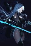  1girl artist_name black_gloves black_heart black_legwear blue_eyes breasts cowboy_shot elbow_gloves from_side gloves highres large_breasts leotard long_hair neptune_(series) profile sidelocks sketch smile solo swd3e2 sword thigh-highs weapon white_hair 