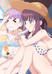  &gt;_&lt; 2girls :s bangs beach bikini blue_eyes blunt_bangs blush bowl brain_freeze breast_press breasts closed_eyes day eating eyebrows_visible_through_hair feet_out_of_frame food from_side hat highres holding hot ice_cream ice_cream_spoon large_breasts multiple_girls new_game! pink_x popsicle purple_hair redhead sitting straw_hat suzukaze_aoba sweat swimsuit takimoto_hifumi twintails wavy_mouth 